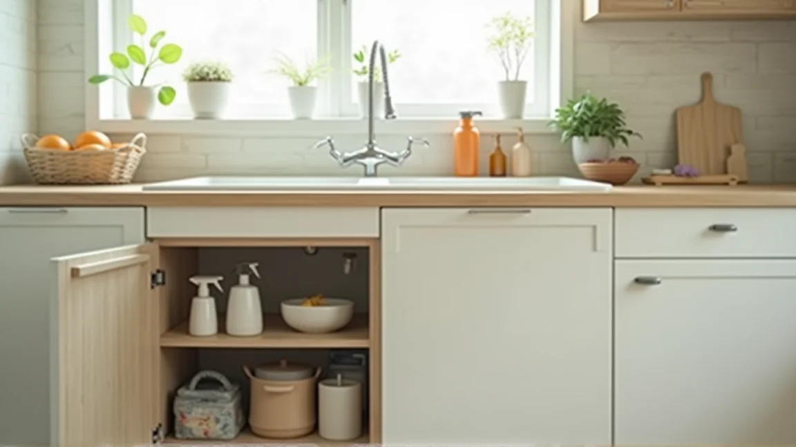 キッチンのシンク下を点検している様子