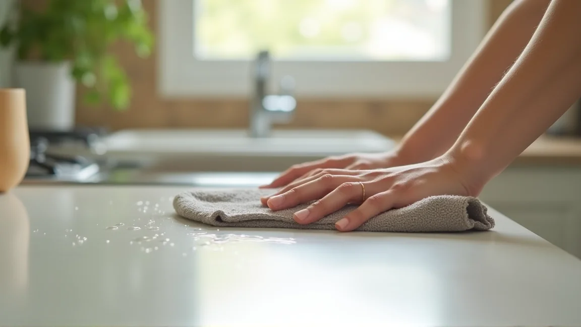 キッチンの調理台を布巾で拭いている手元
