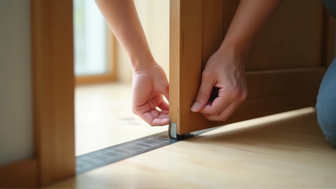 玄関ドアの下に隙間テープを貼る作業