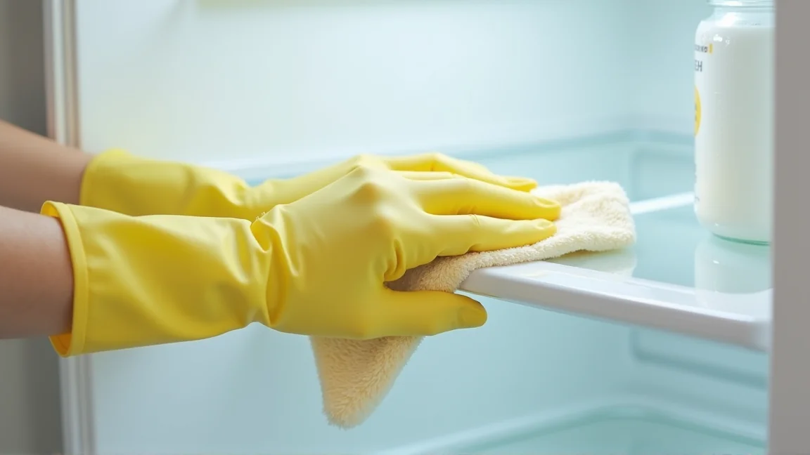 庫内をマイクロファイバークロスで拭く手元