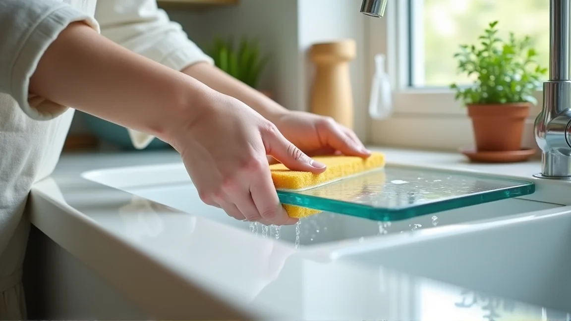 取り外した冷蔵庫の棚板をシンクで洗う様子