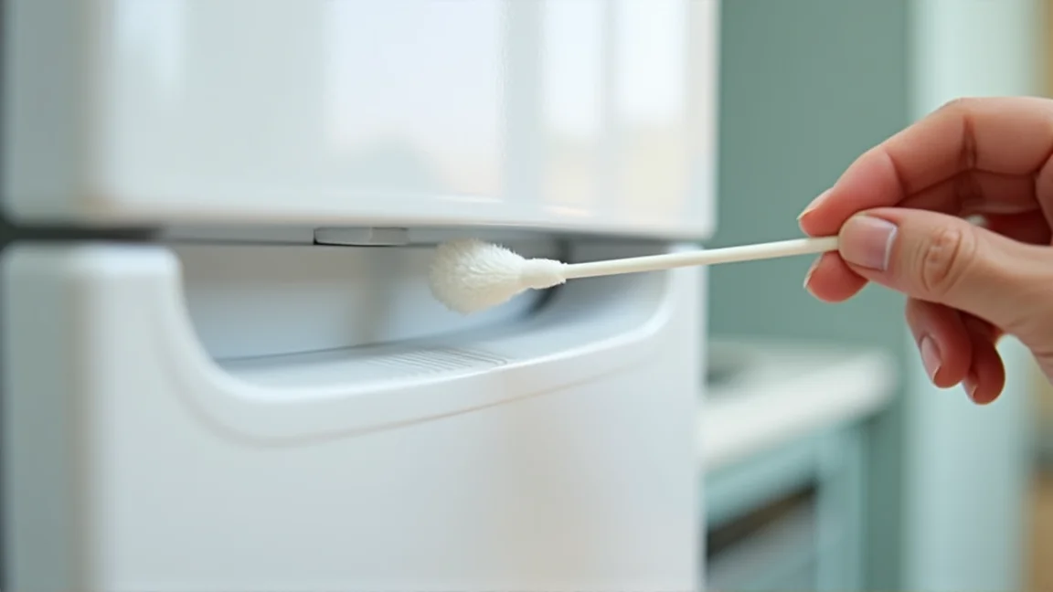 冷蔵庫のドアパッキンを綿棒で清掃する手元