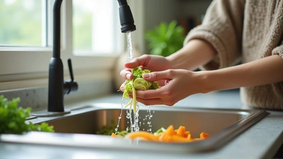 シンクで生ゴミの水切りをしている手元