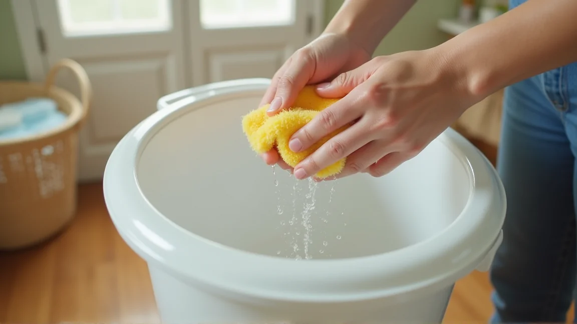 ゴミ箱を洗剤で洗っている様子