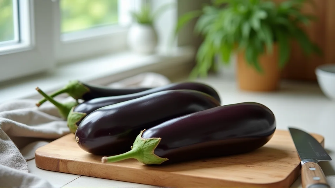 まな板の上に並ぶつややかな日本のなすと包丁、キッチンクロス