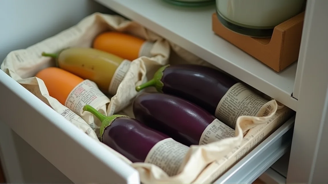 新聞紙に1本ずつ包まれたなすが野菜室に並んでいる様子