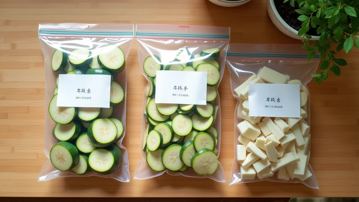 用途別にカットされたなすが冷凍用保存袋に小分けされている様子