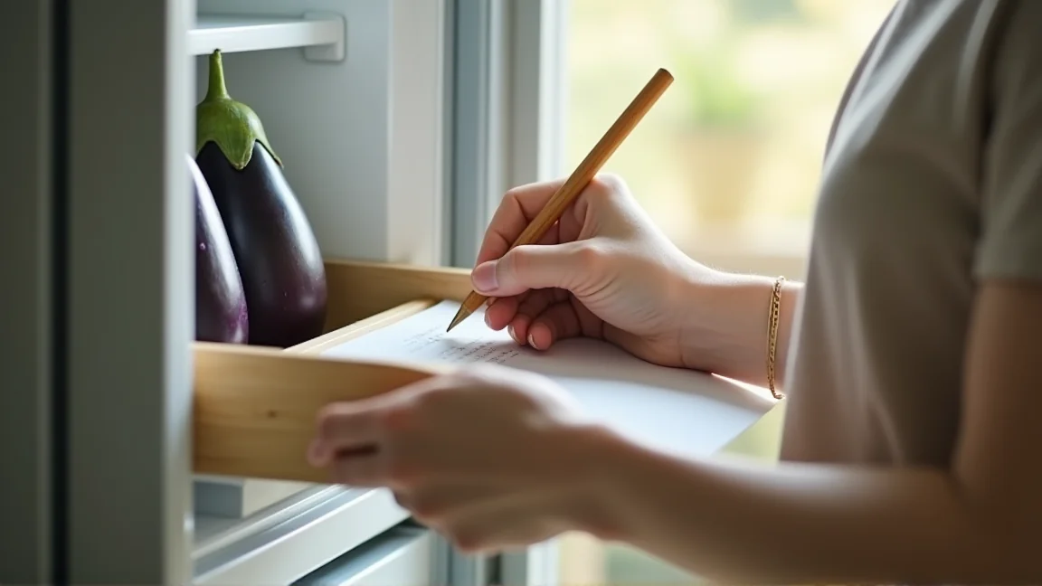 冷蔵庫の野菜室に立てて並べられたなすと、その横にメモを書く手元