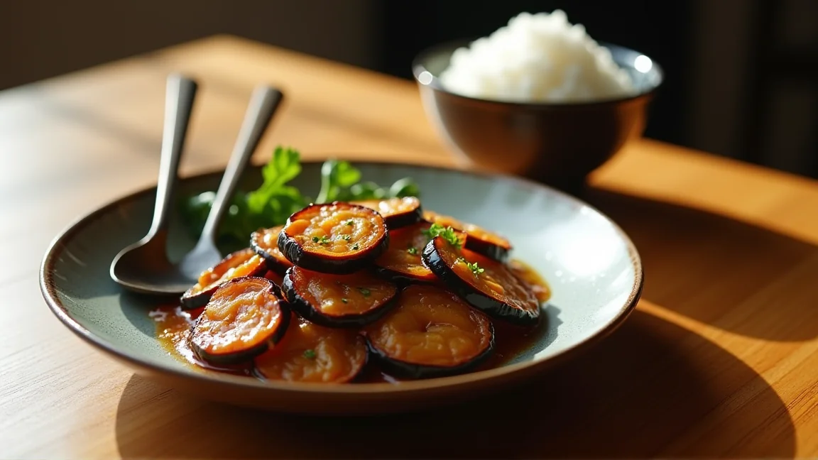 できあがった麻婆なすの皿と、横に置かれた箸とご飯茶碗のある食卓