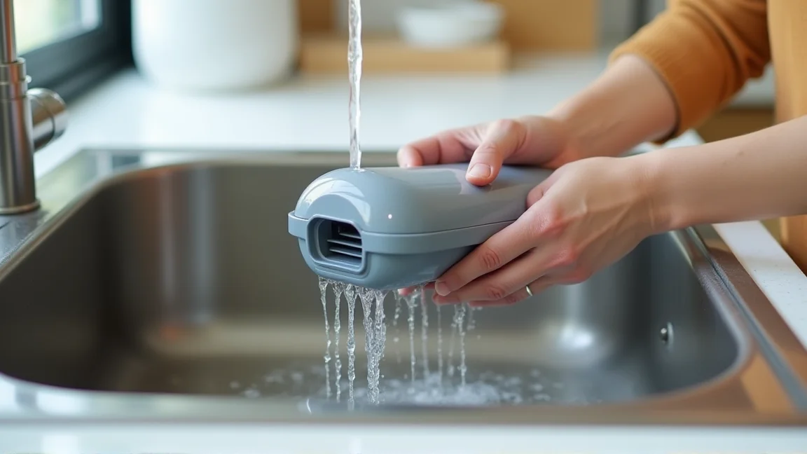 フィルターをぬるま湯で押し洗いする様子