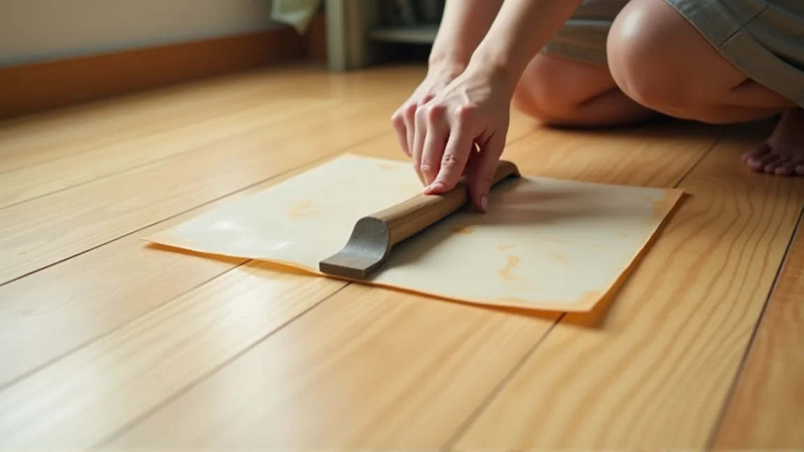 フローリング用シートで床を一定方向に塗っている手元