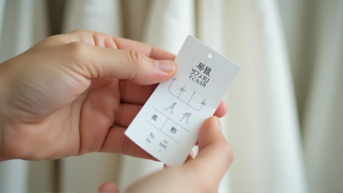 衣類の洗濯表示タグを確認している手元