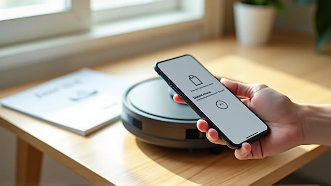 ロボット掃除機の説明書とスマートフォンを並べてサポート情報を確認する手元