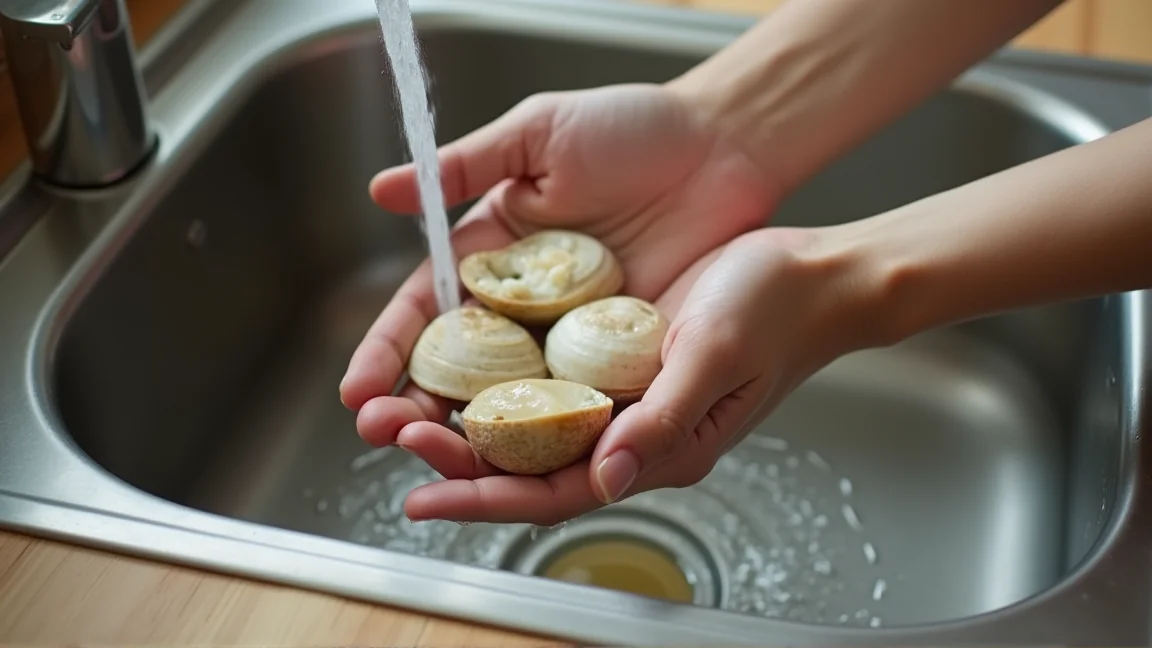 あさりの殻同士をこすり合わせるように流水で洗う手元