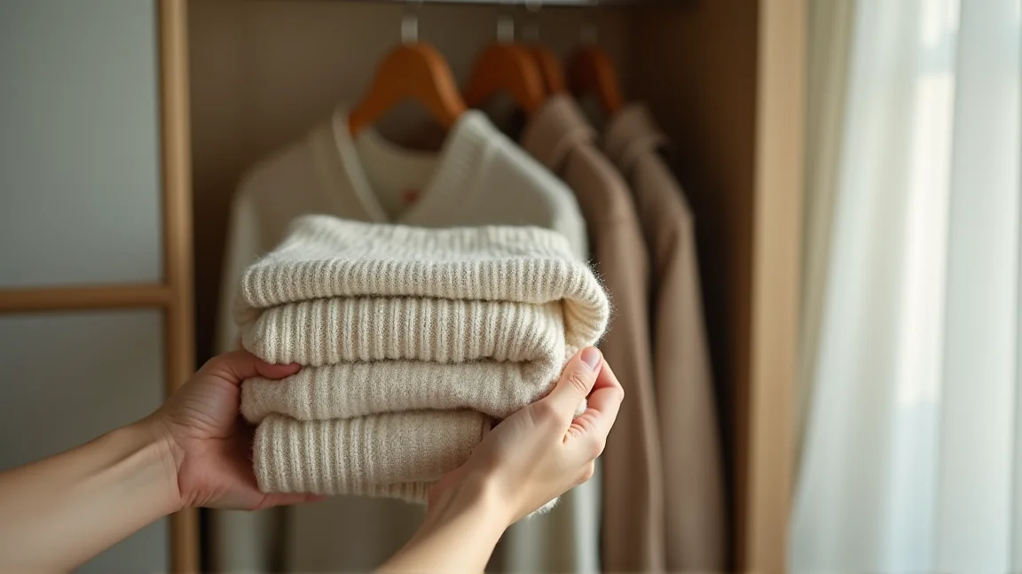 クローゼットの前で服を手に取り迷っている様子