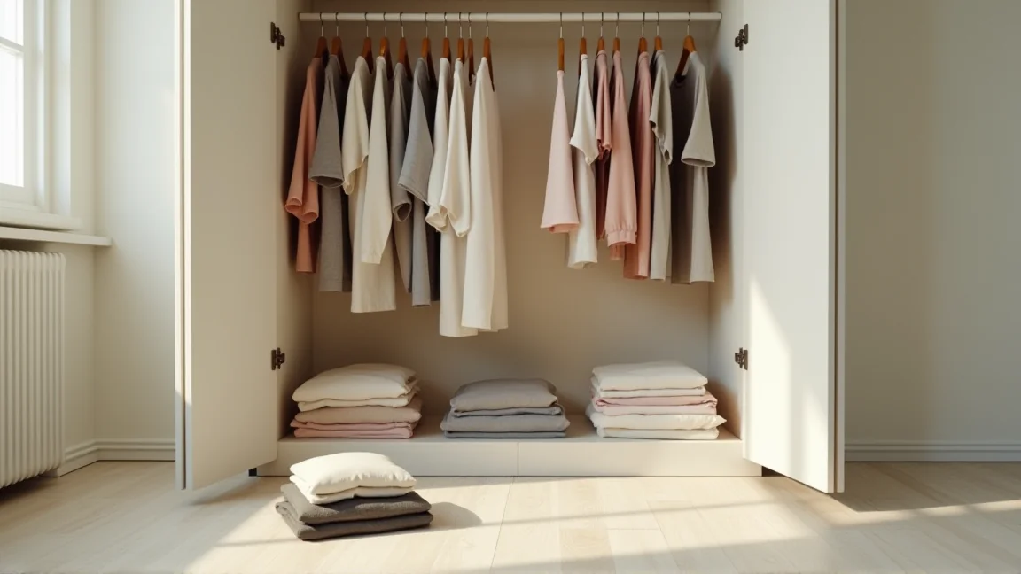 ハンガーに掛かった服を仕分けている手元