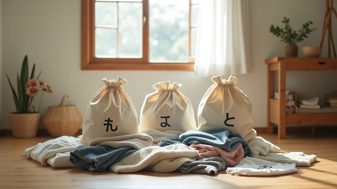 床に広げられた洋服の山と仕分け用の袋