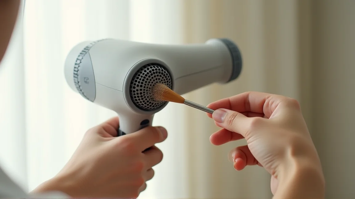 ドライヤーの吸い込み口フィルターをブラシで掃除する手元