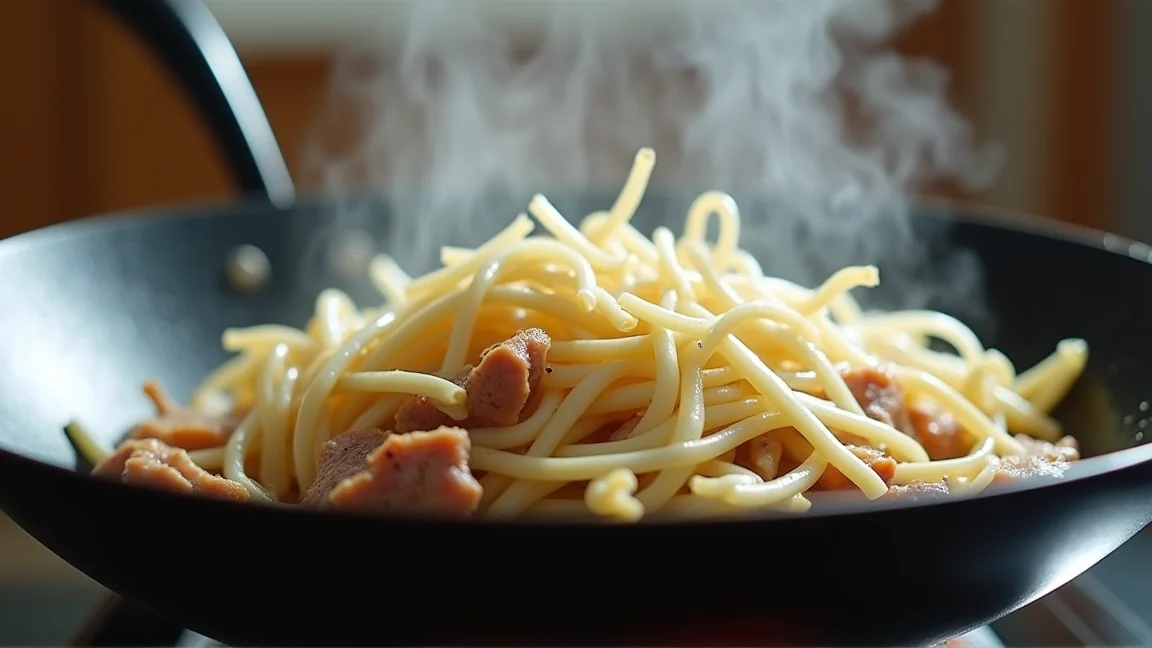 強火で炒めている冷凍もやしと豚肉