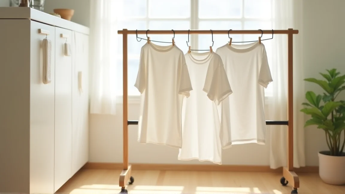 干したばかりの白いタオルとTシャツ
