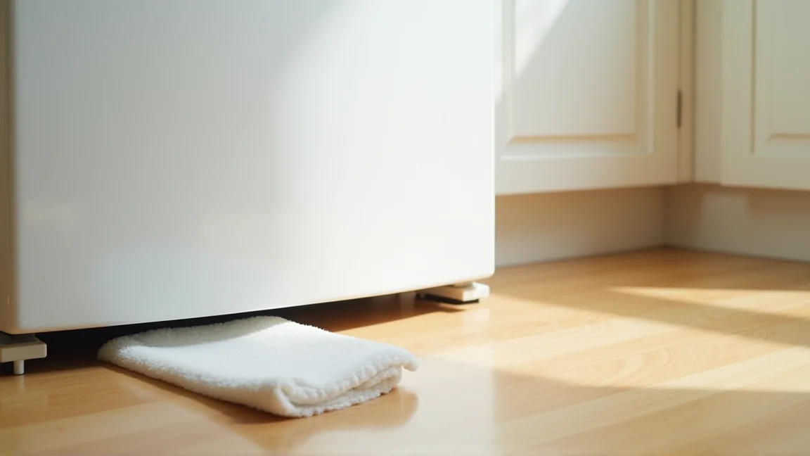 冷蔵庫の下から染み出した水を雑巾で拭き取る様子