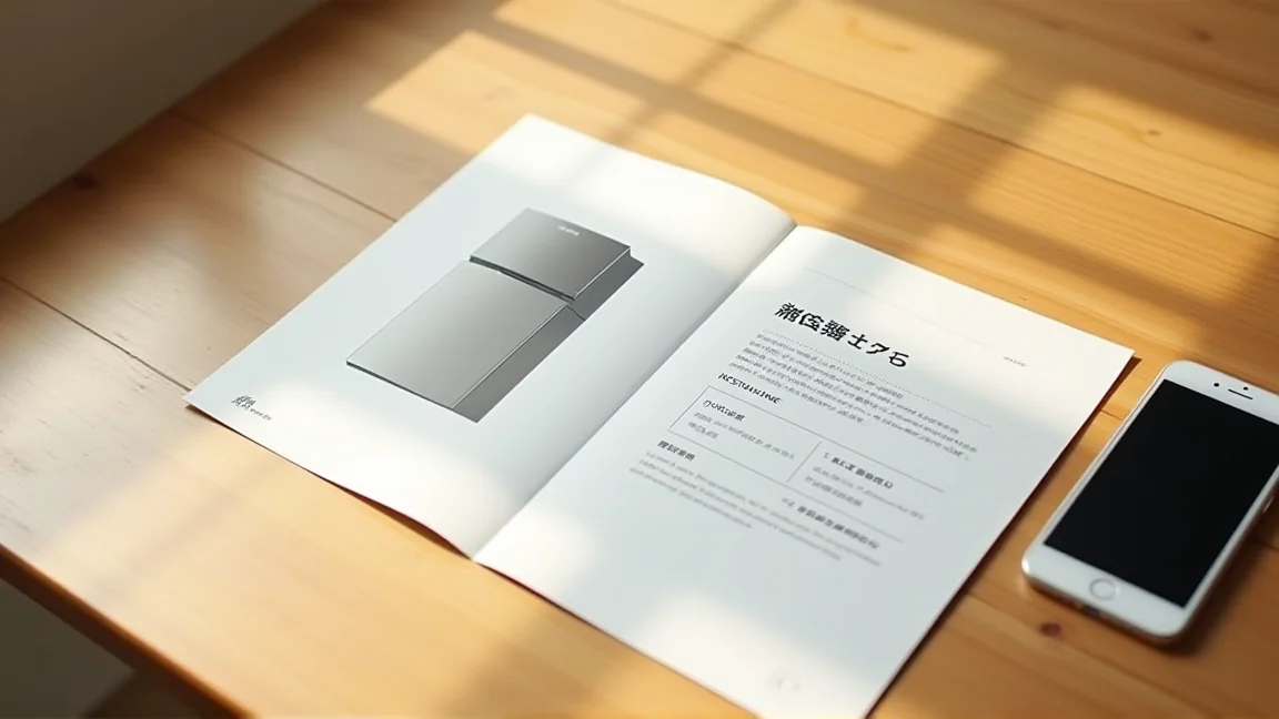 冷蔵庫の取扱説明書とメーカー保証書をダイニングテーブルに広げた様子