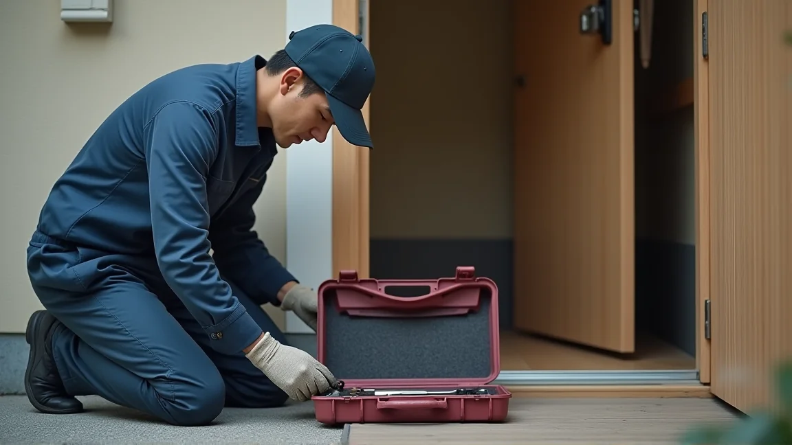 鍵業者が玄関で作業する場面