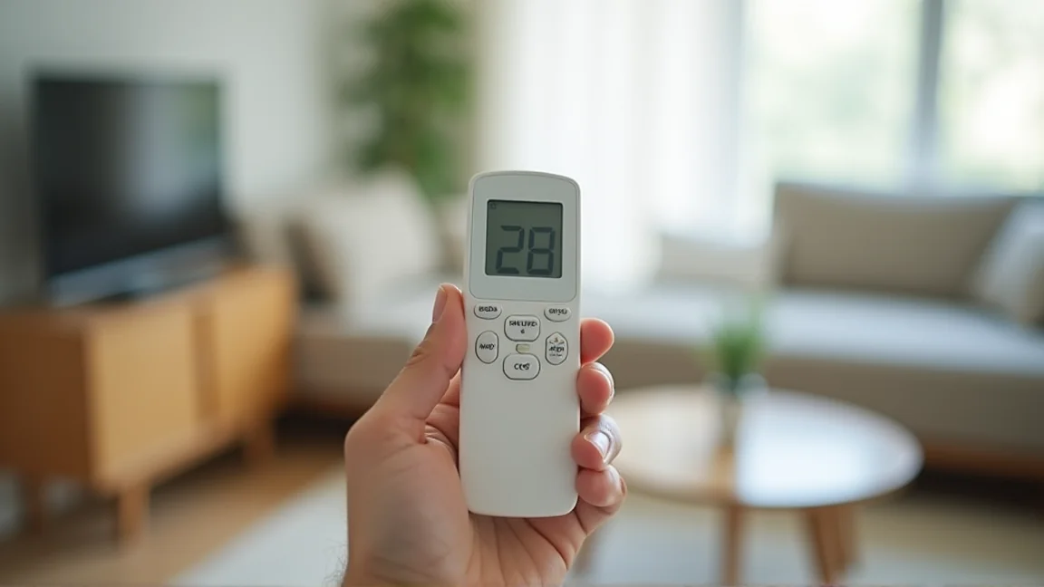 エアコンのリモコンを操作する手元