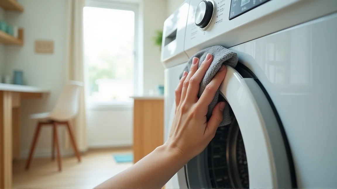 ドラム式洗濯機のゴムパッキンを布で拭いている様子