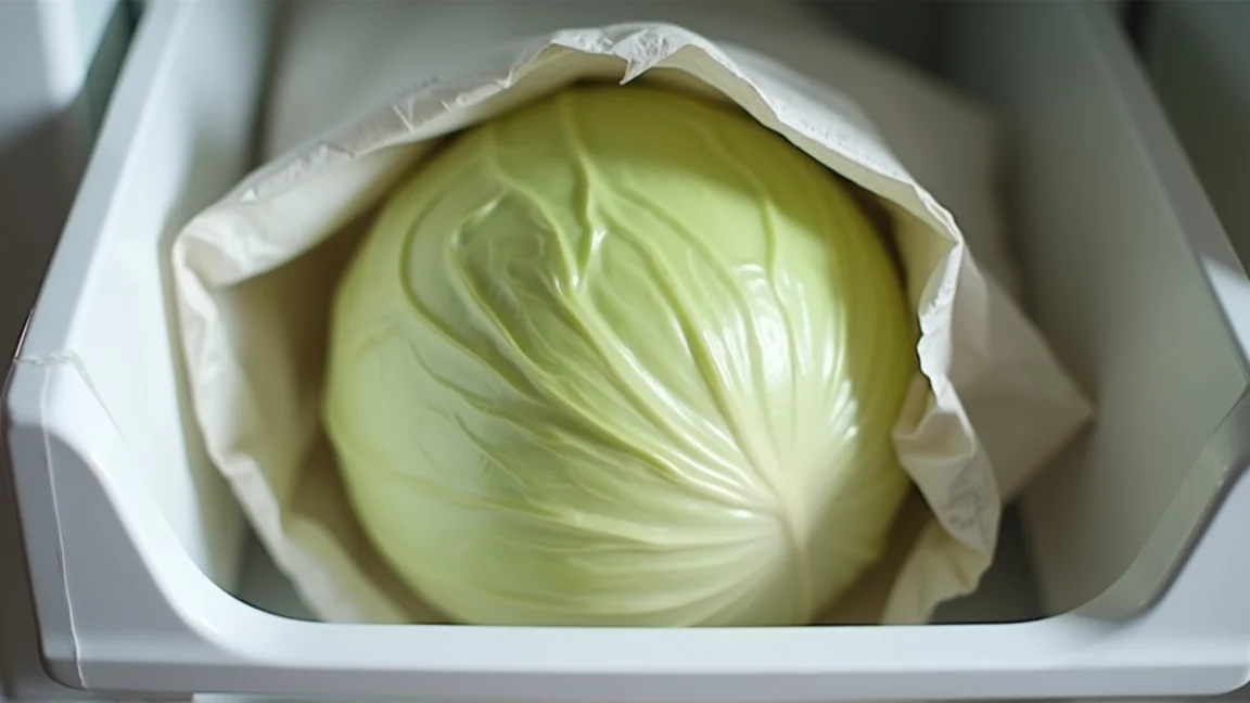 冷蔵庫の野菜室に丸ごとキャベツを保存しているイメージ