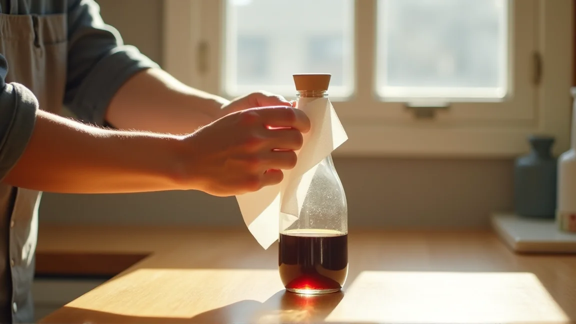 キッチンペーパーで醤油ボトルの注ぎ口を拭いている手元