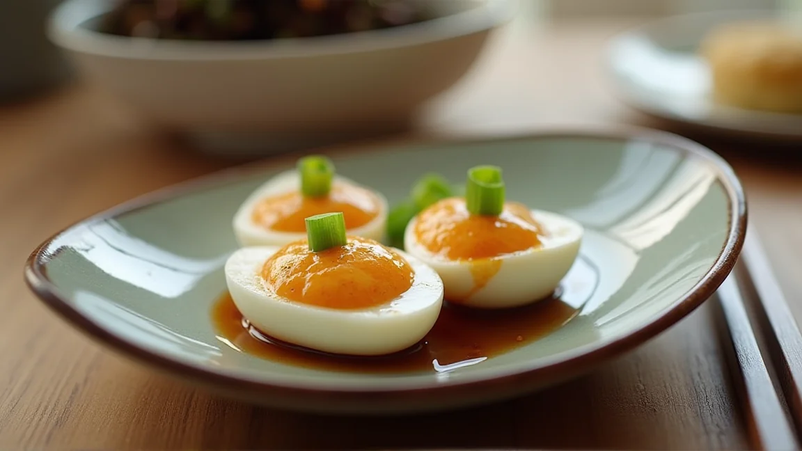 醤油ベースで作った煮卵が並ぶ小皿