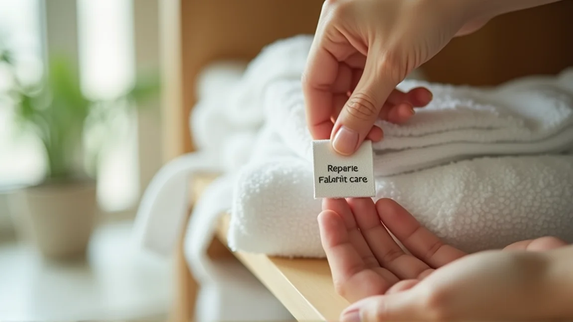 洗濯表示タグを確認する手元と通気のよい棚
