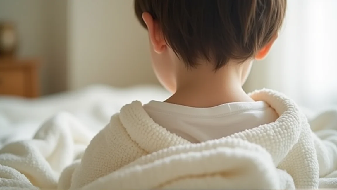 汗ばむ子供の首元をやわらかいタオルで軽く押さえる様子