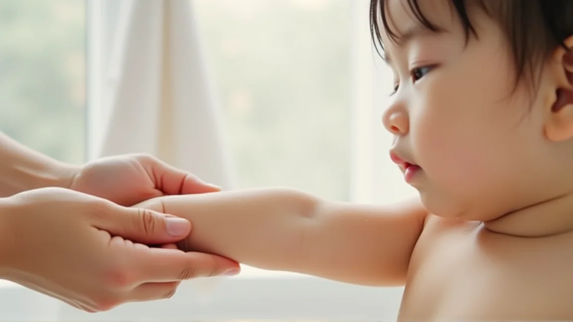 子供のお風呂上がりに保湿クリームを塗る親の手元