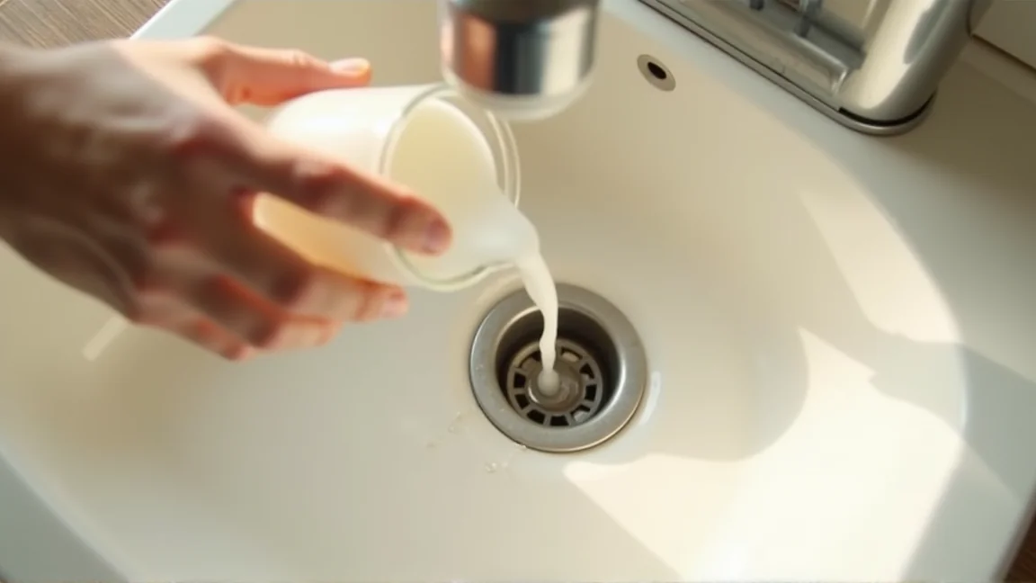 排水口に重曹とお酢をふりかけてしばらく置く様子