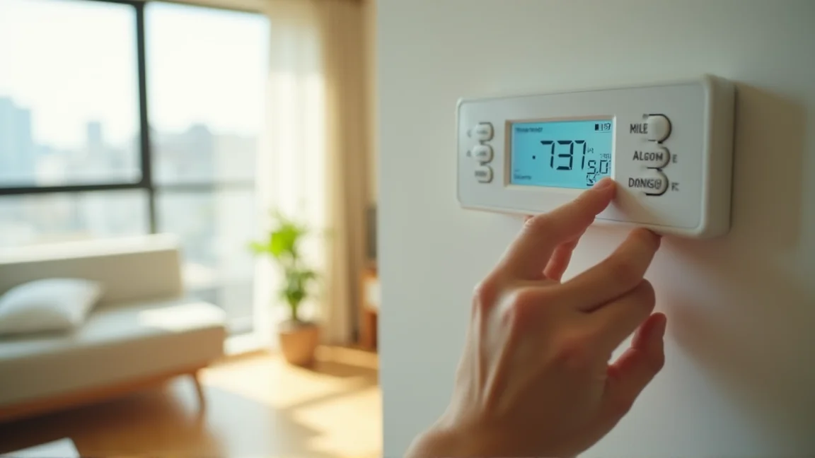 ワンルームのエアコンのリモコンで温度設定を変える手元
