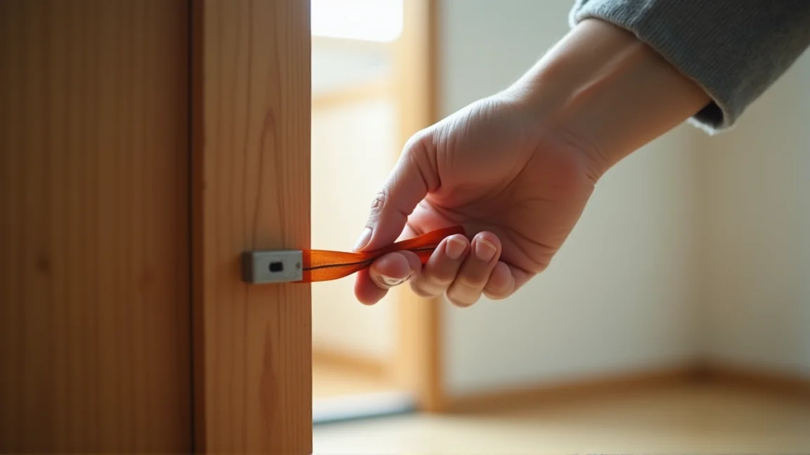 玄関ドアのすき間に隙間テープを貼る手元