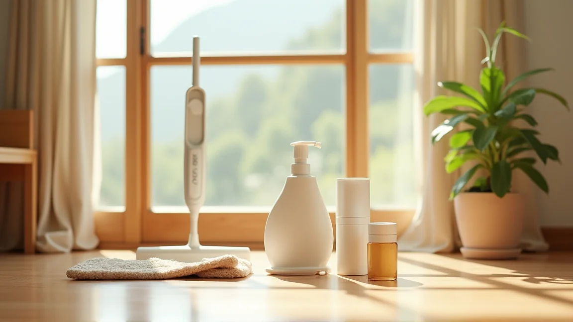 掃除道具と防虫アイテムを並べた整理されたリビング