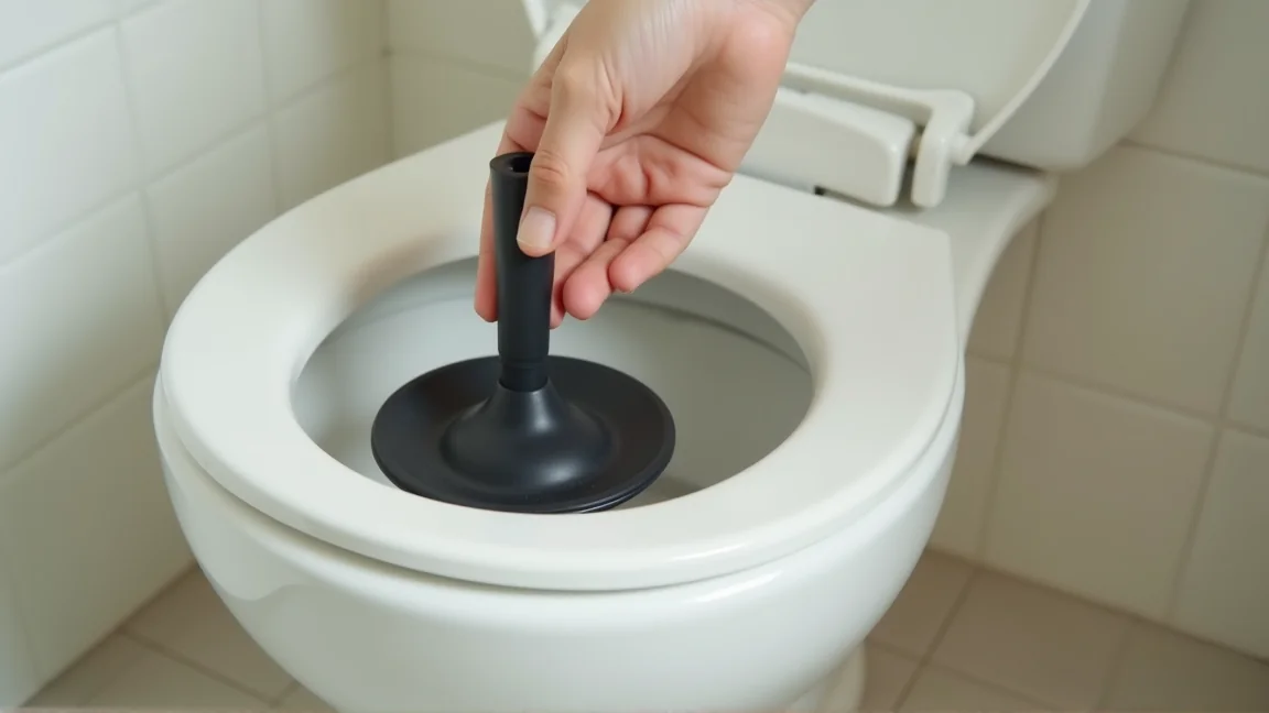 洋式トイレにラバーカップを当てて押し引きする手元