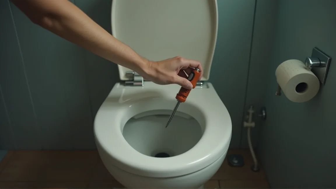 トイレ床下の止水栓をマイナスドライバーで操作する手元