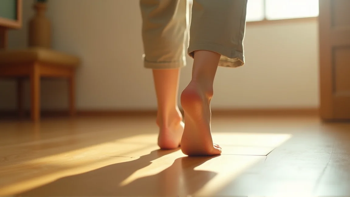 フローリングの上をゆっくり歩いてきしみの場所を確認する足元