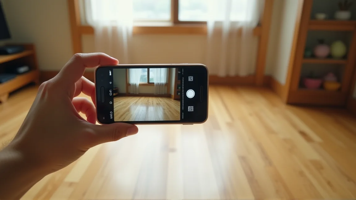 スマホで管理会社に連絡するため床のきしみを撮影する手元