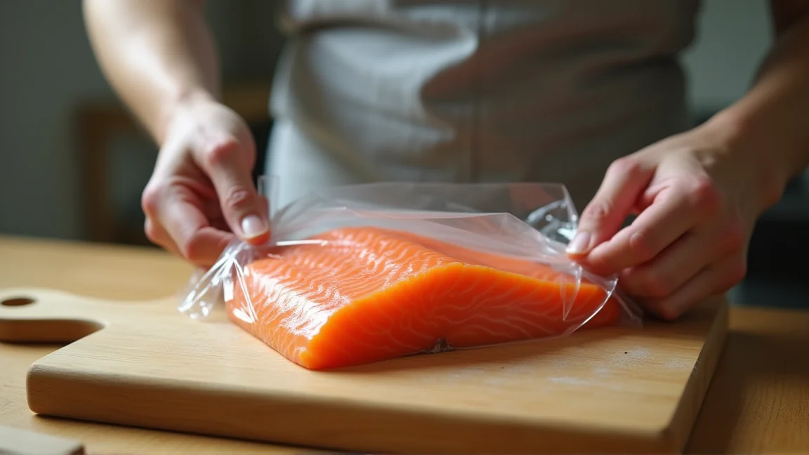 キッチンで魚の切り身をラップする様子