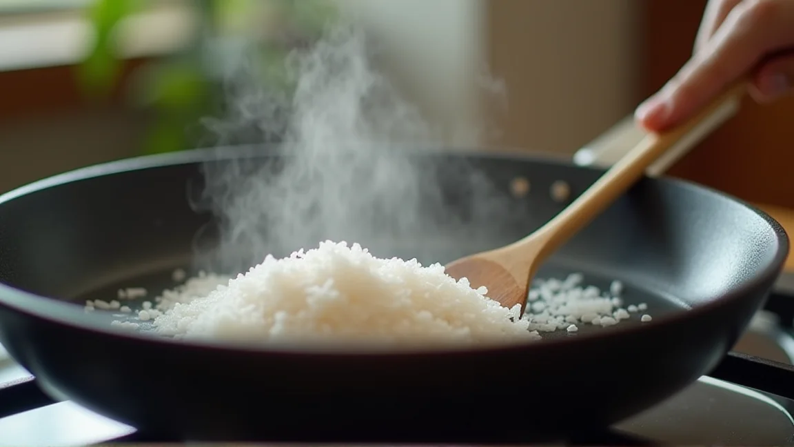 フライパンで塩を乾煎りする様子