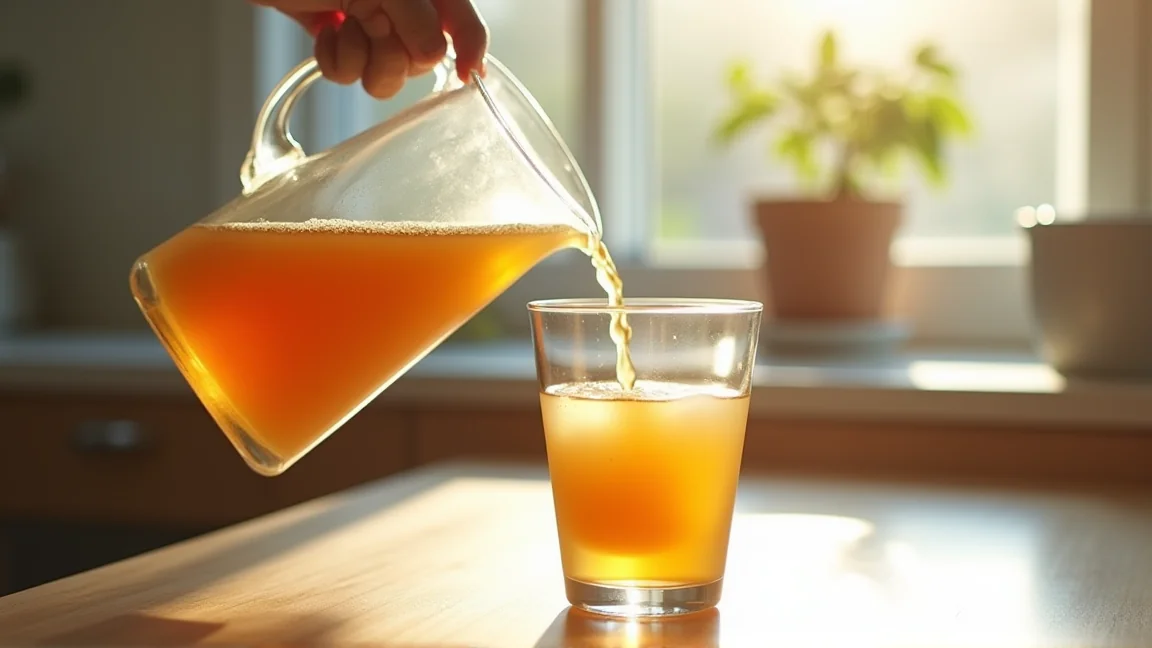 ピッチャーから麦茶を注ぐ朝のシーン