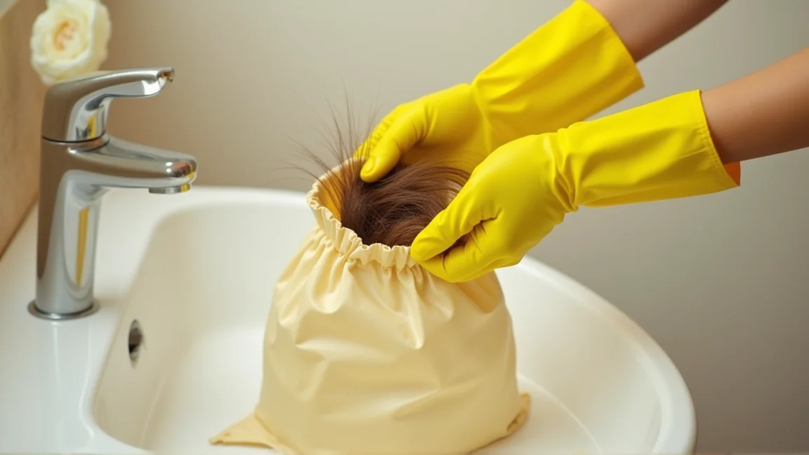 ゴム手袋でヘアキャッチャーから髪の毛を取り除く様子