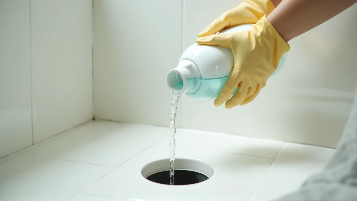 パイプクリーナーを浴室排水口に注ぐ様子