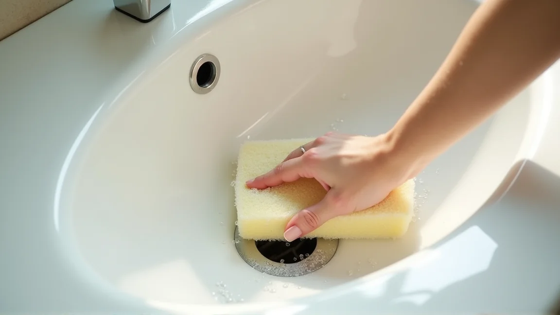 浴室排水口の周りを掃除する様子
