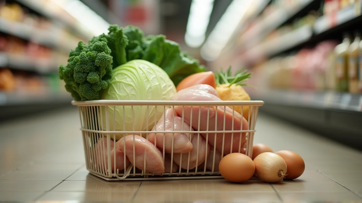 スーパーで野菜と鶏むね肉を選ぶ買い物カゴ